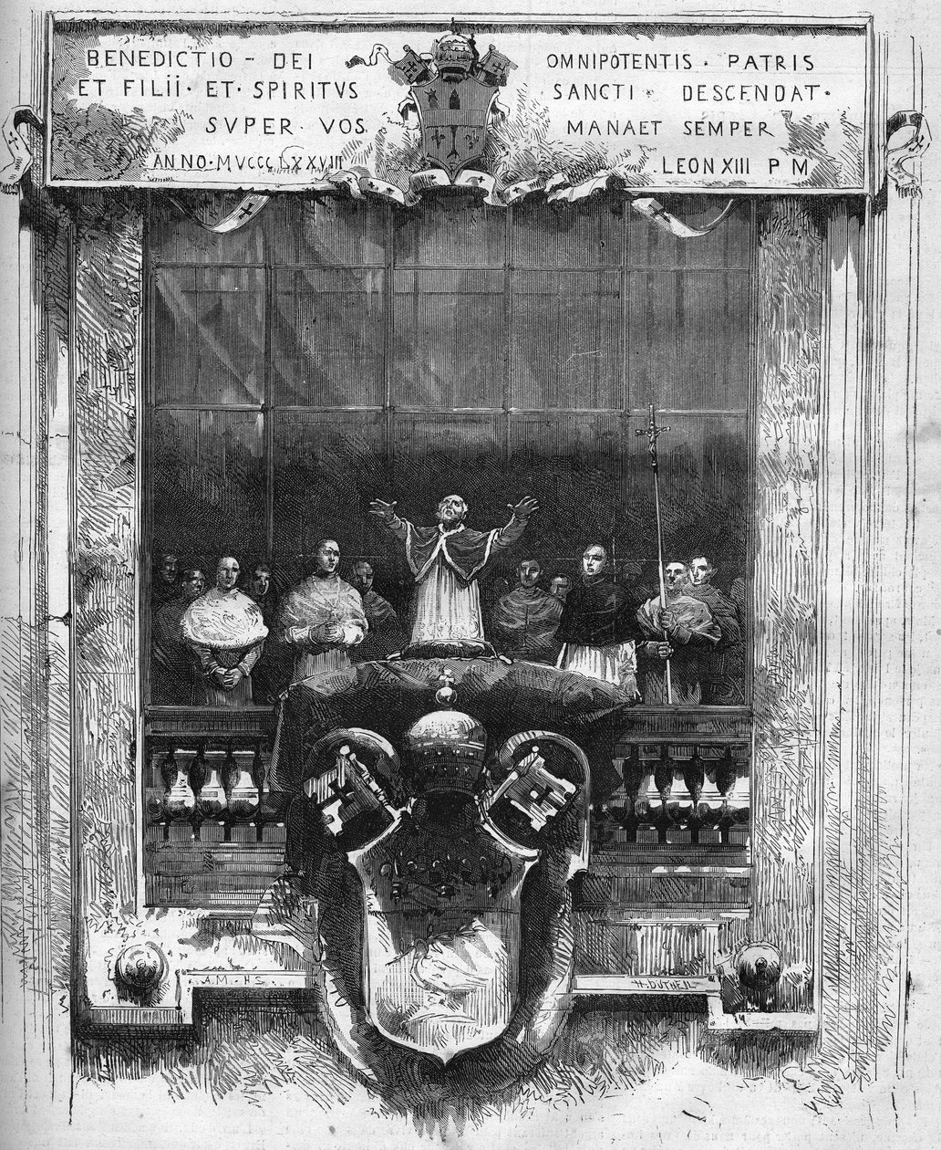 Erster Segen von Papst Leo XIII. (Leone) (1810-1903) vom oberen Podium des Petersdoms am 20. Februar von French School