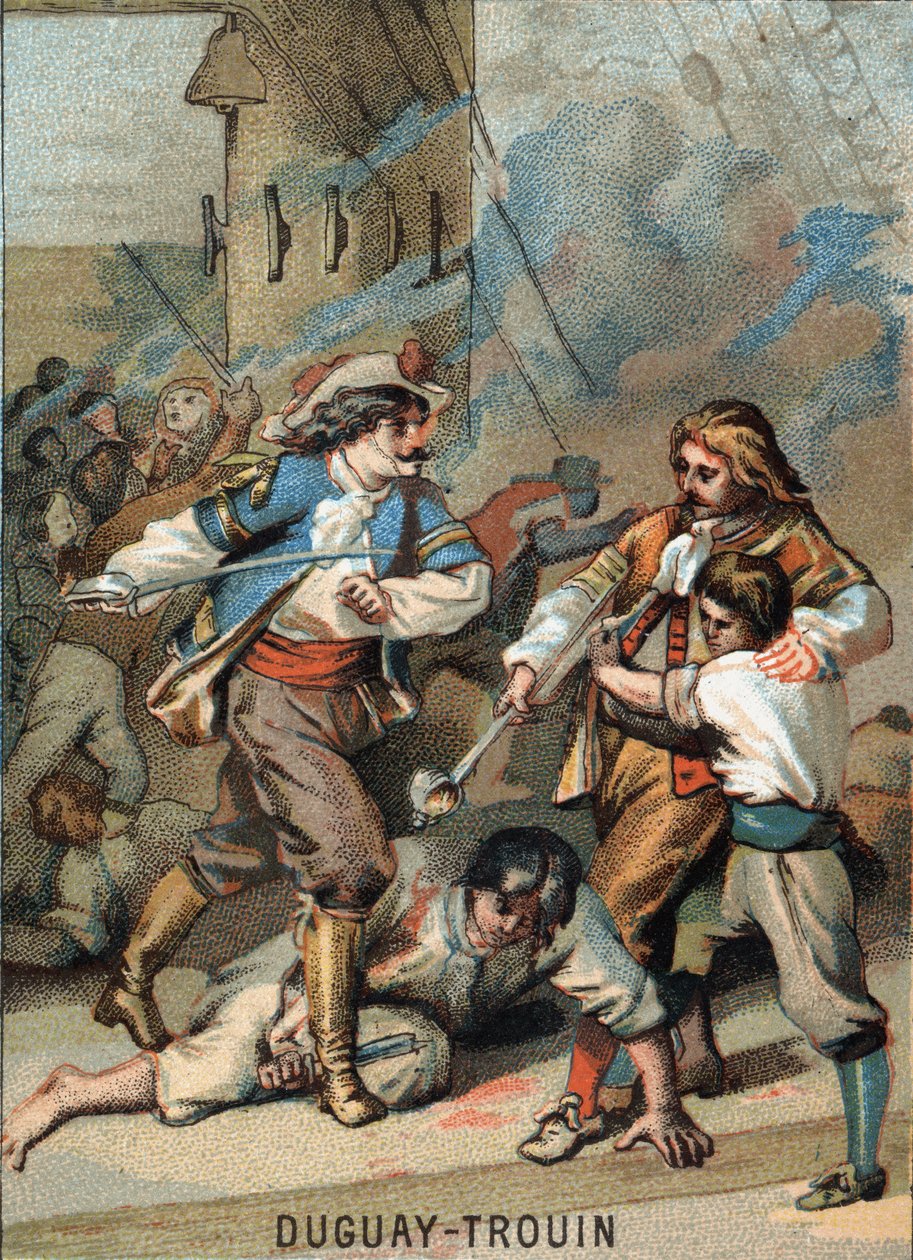 Erste Heldentat von Rene Duguay Trouin (1673-1736), französischer Seemann: Duguay - Trouin kämpft gegen Wassenaer (1695). Chromolithographie der Serie Patriotische Erziehung durch Bild von French School