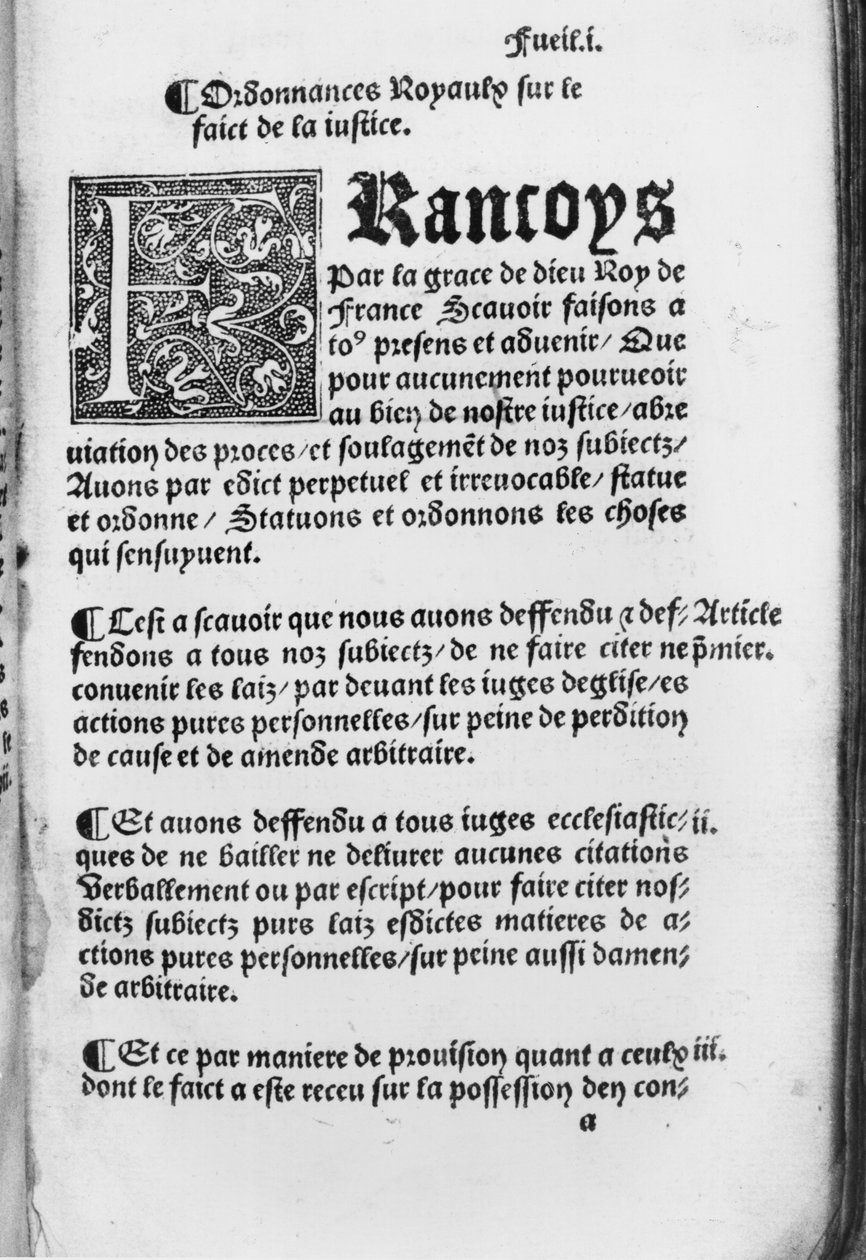 Erste Seite der Verordnung von Villers-Cotterets, 1539 von French School