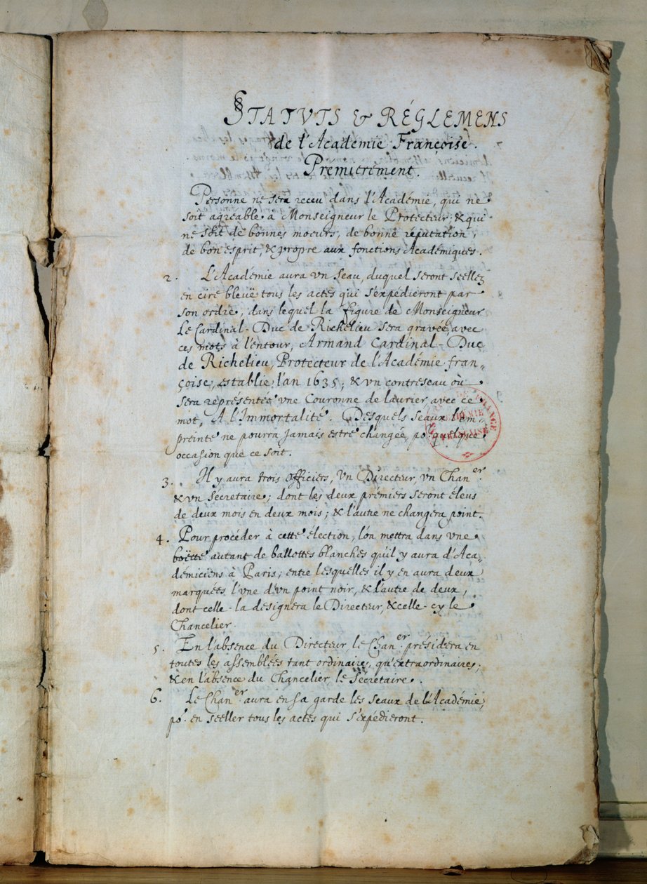Erste Seite der Statuten der Französischen Akademie, 1635 von French School