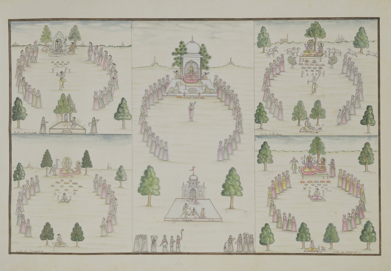 Fünf hinduistische Kulte: Shiva, Krishna, Vishnu, Brahma und Muttergöttin aus dem Gentil-Album, veröffentlicht 1774 von French School