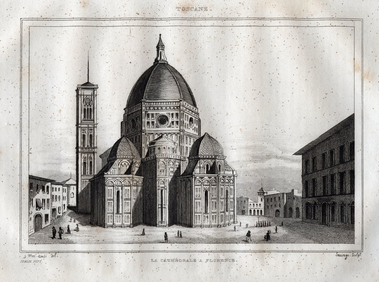 Kathedrale von Florenz - Ansicht der Kathedrale von Florenz (Duomo Santa Maria del Fiore). Die Kuppel wurde von Filippo Brunelleschi um 1420-1436 erbaut, Florenz, Italien - Gravur aus „Italien pittoresk“ - Historische und beschreibende Darstellung von Ital von French School