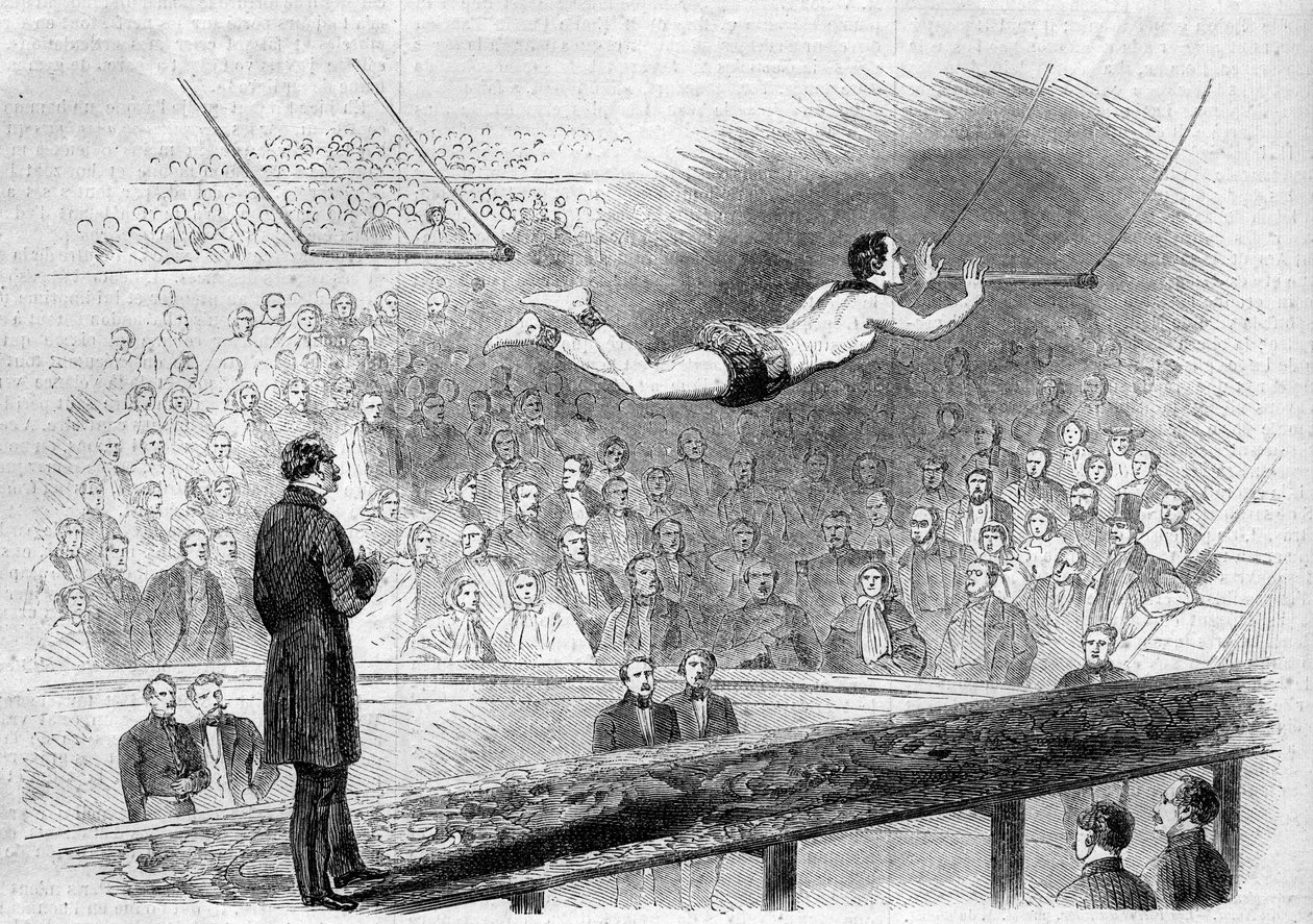 Fliegende Trapeznummer des französischen Akrobaten Jules Léotard im Cirque de Napoléon (heute Cirque d