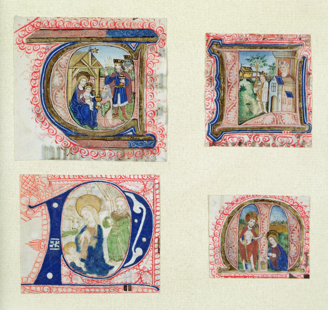 Vier historiierte Initialen, die die Anbetung der Könige, die Krippe, David und Bathseba und Christus im Garten darstellen von French School