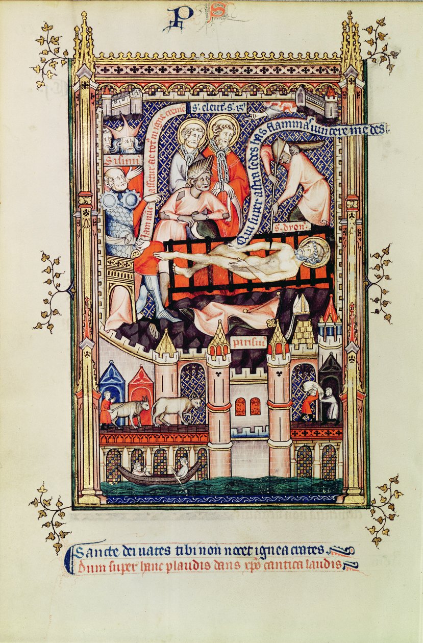 St. Denis wird auf der Streckbank gefoltert, aus Vie de St. Denis, 1317 von French School