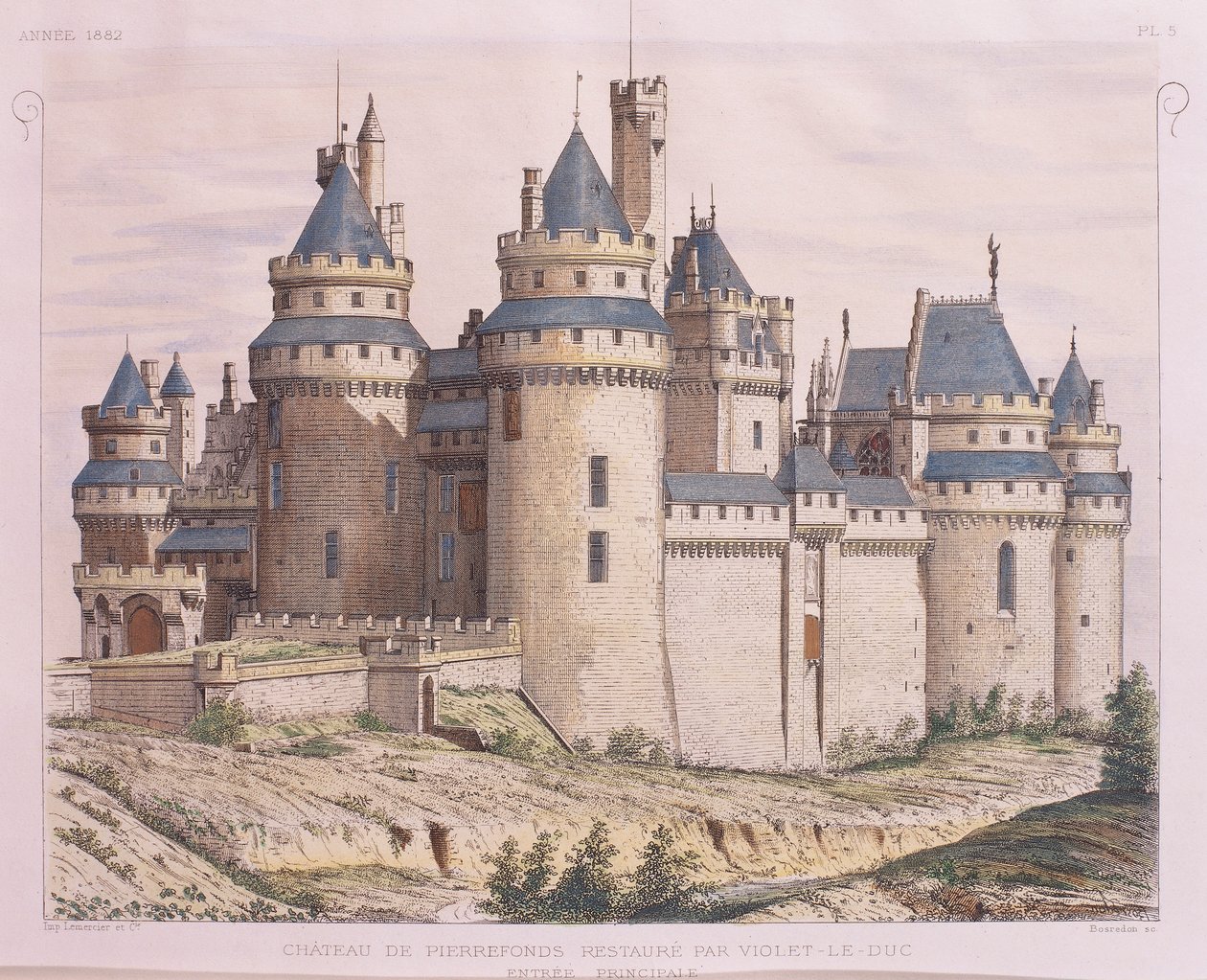 Frankreich, mittelalterliche Burg Pierrefonds, restauriert von Violet le Duc, aus Moniteur des Architectes, Gravur von French School