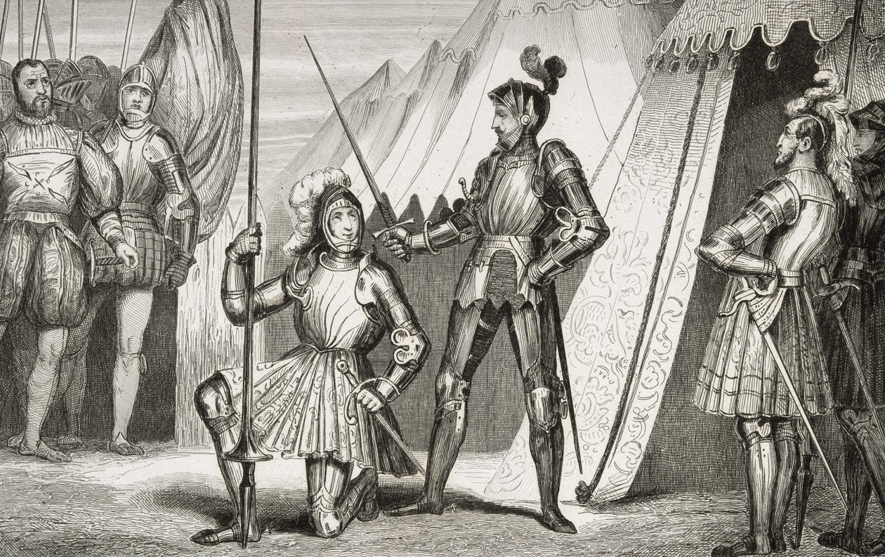 Francois I (1494-1547) wird von Hauptmann Bayard nach der Schlacht von Marignano zum Ritter geschlagen, aus 