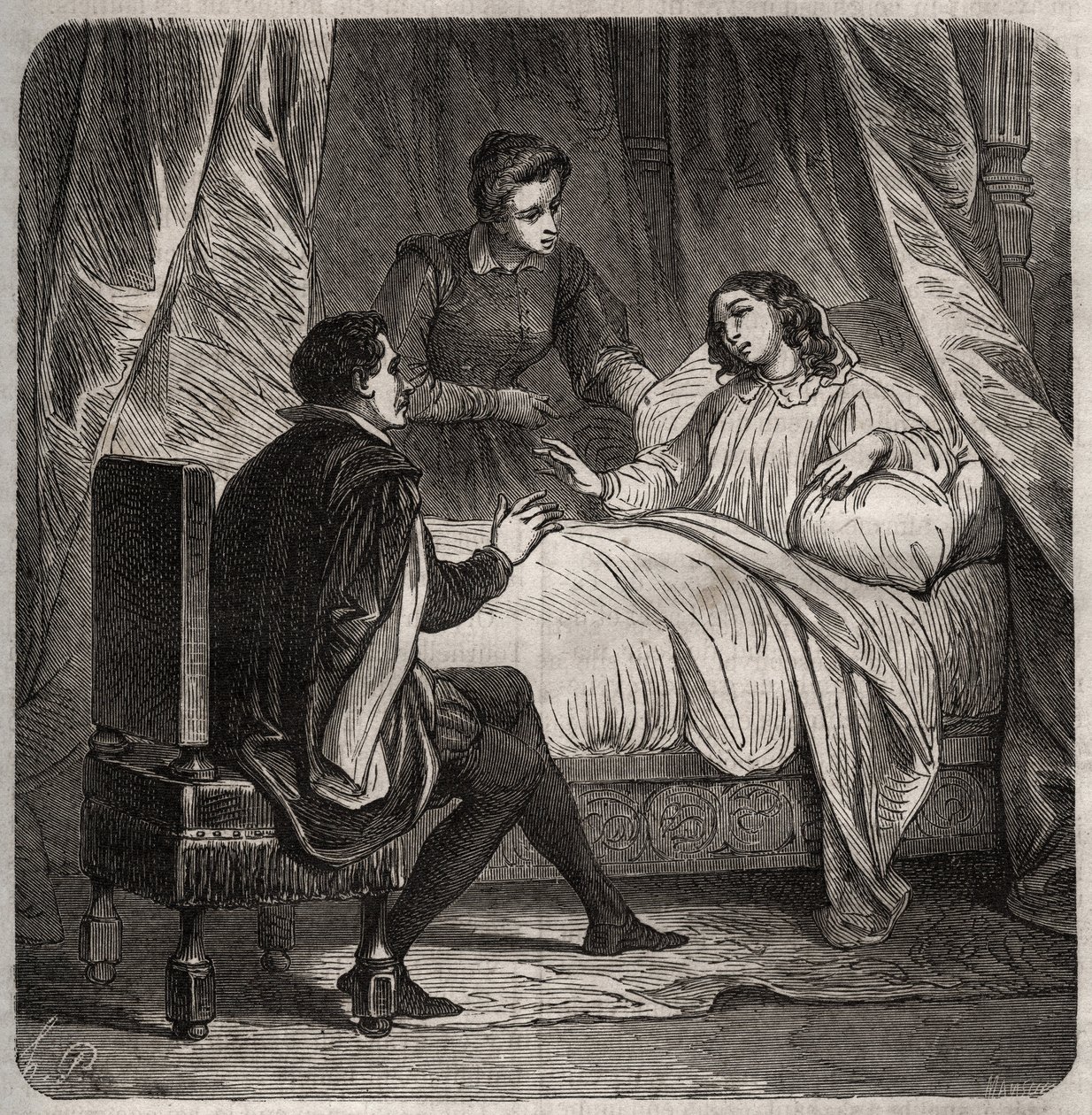 Francoise de Foix, Gräfin von Chateaubriant (ca. 1495-1537), krank, empfängt Clement des Marets genannt Marot (1496-1544), den Diener von Francois I., im Bett. Gravur von 1871 in „Histoire Des Cocuses Celebres“ von Henry de Kock von French School