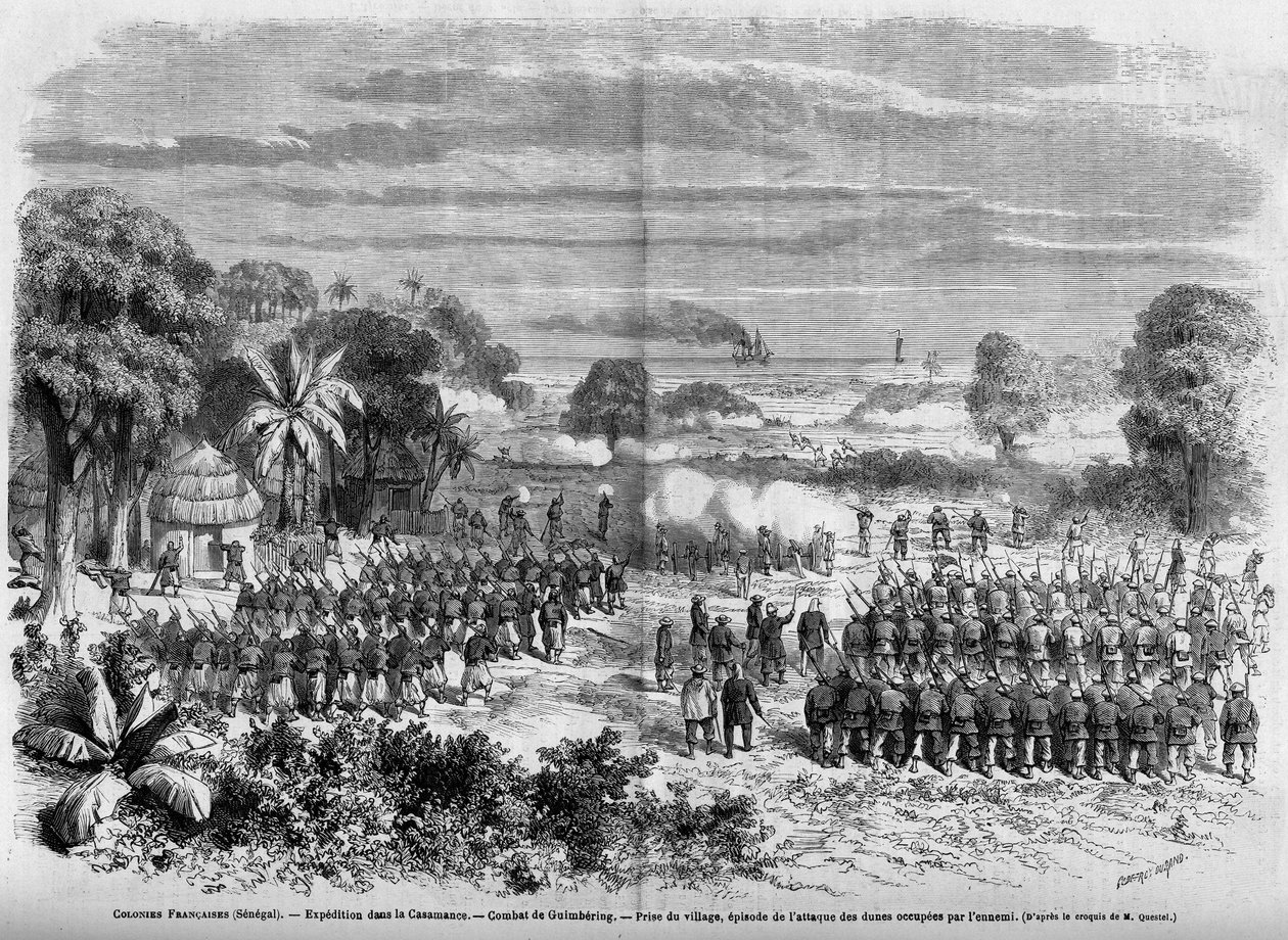 Französische Kolonien (Senegal) 1865: Expedition in Casamance. Schlacht von Guimbering, Eroberung des Dorfes, Episode des Angriffs auf die von Feinden besetzten Dünen von French School