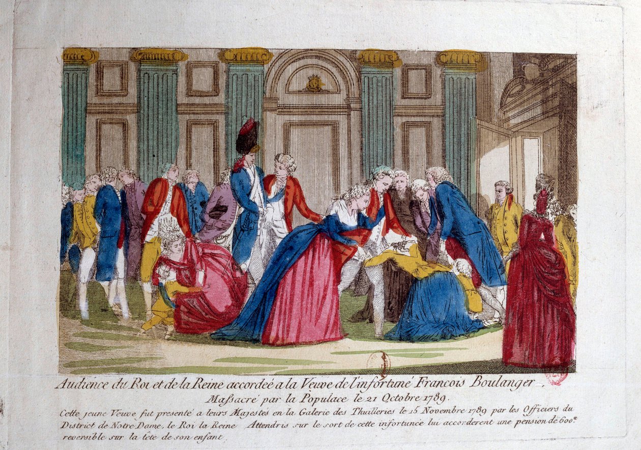 Französische Revolution: Audienz von Ludwig XVI. und Marie Antoinette am 15.11.1789 gewährt der Witwe von Francois Boulanger, der am 21.10.1789 vom Volk massakriert wurde. Gravur des 18. Jahrhunderts. Paris, Bibliothek des Arsenal von French School