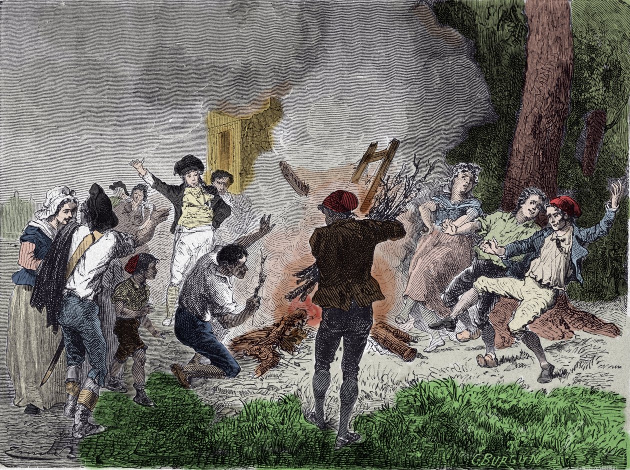 Französische Revolution: „Das Volk verbrannte Claude Chappes Telegraphen im Park von Saint-Fargeau in Menilamount im September 1792, da es glaubte, es sei ein Gerät, um mit der königlichen Familie zu kommunizieren, die im Gefängnis des Tempels eingesperrt  von French School
