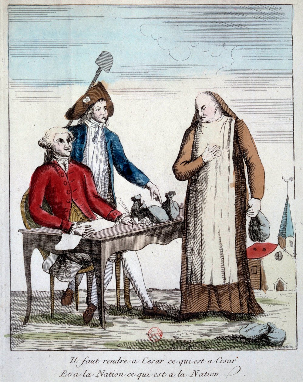 Die Französische Revolution: karikaturistische Darstellung eines Mitglieds des Klerus, das gezwungen ist, das Eigentum der Kirche zurückzugeben. „Man muss dem Kaiser geben, was des Kaisers ist, und der Nation, was der Nation ist.“ Gravur von 1790 Paris, Bi von French School
