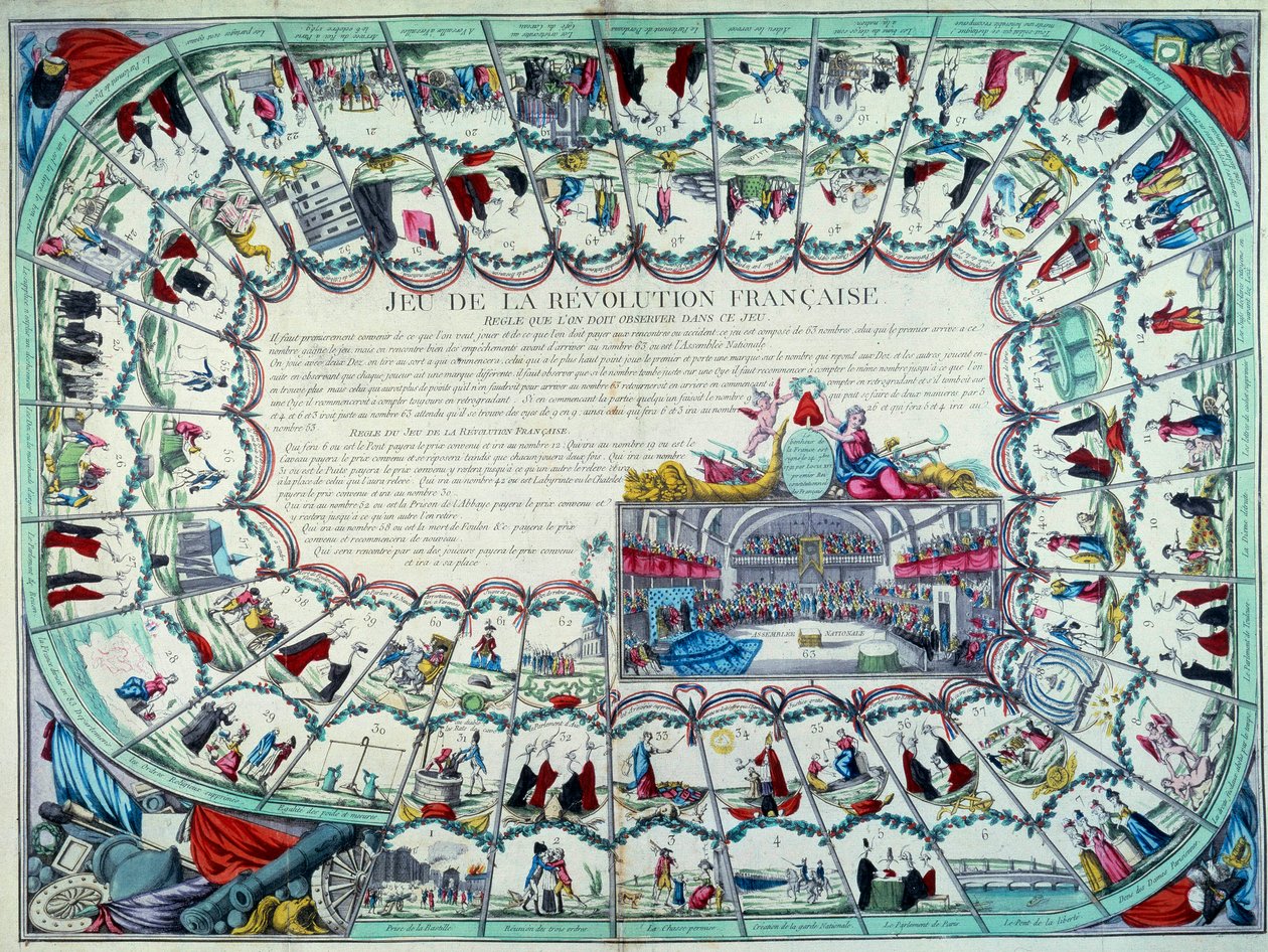 Französische Revolution: Gänsespiel, das die wichtigsten Etappen der Revolution und eine Ansicht der Nationalversammlung darstellt. Ende des 18. Jahrhunderts. Paris, B.N. von French School