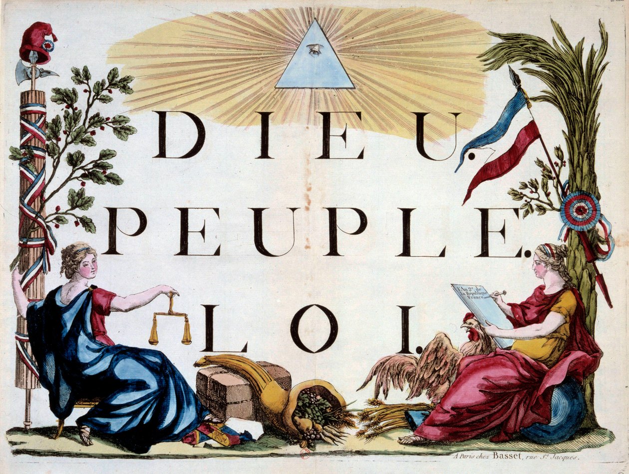 Französische Revolution: das göttliche Dreieck, das Gott, das Volk und das Gesetz erleuchtet, die Allegorien von Frankreich, Gerechtigkeit, Überfluss und der Republik. Gravur von 1794. Paris, Bibliothek des Arsenal von French School