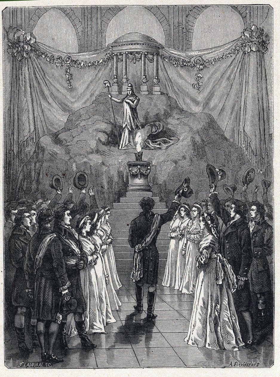 Französische Revolution: Die Göttin der Vernunft in der Kathedrale Notre Dame in Paris während einer Feier zu Ehren der Zerstörung des Fanatismus am 10. November von French School
