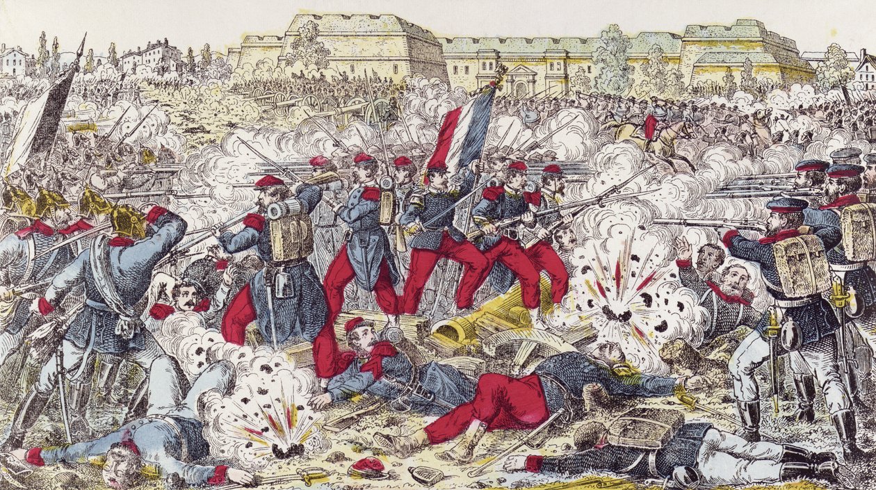 Französische Truppen von der preußischen Armee bei der Schlacht von Sedan eingekreist, 31. August 1870 von French School