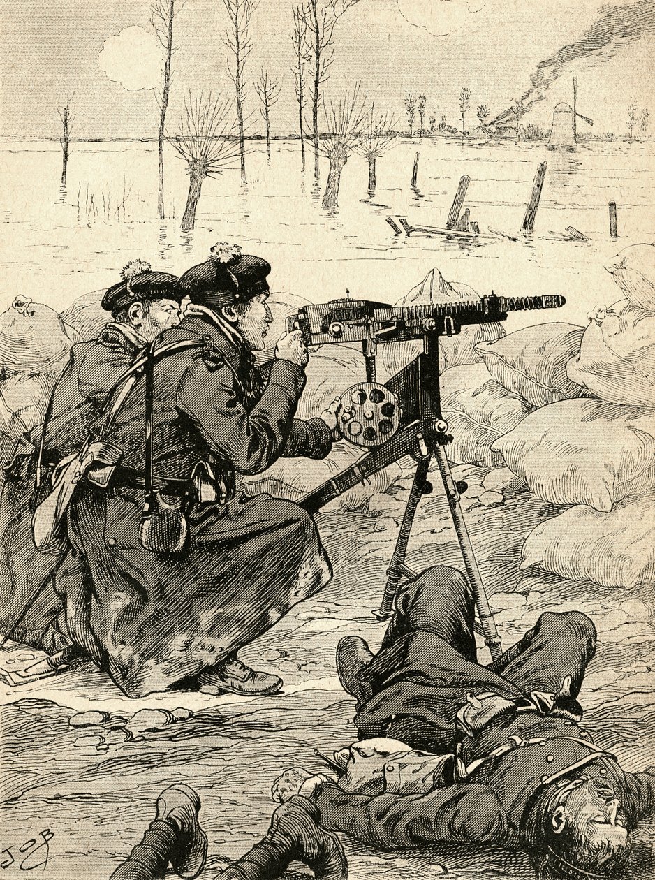 Französisches Maschinengewehrteam in der Schlacht von Yser, Belgien von French School