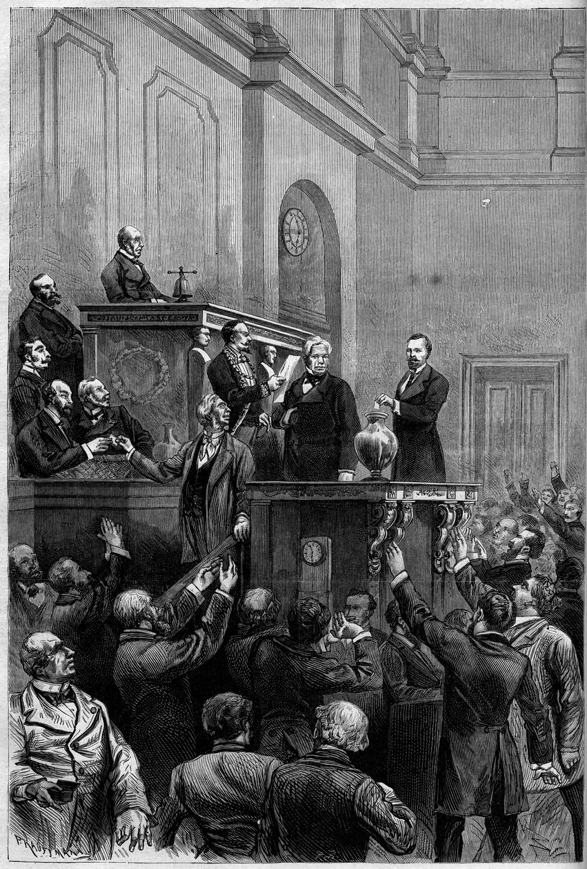 Französische Präsidentschaftswahl, 30. Januar 1879: Nach dem Rücktritt von Mac-Mahon stimmten die Parlamentarier über die Wahl eines neuen Präsidenten der Republik ab. Die Gravur zeigt Jules Armand Dufaure (1798-1881) beim Einwerfen seines Stimmzettels. von French School