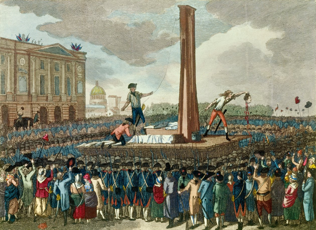 Französische Revolution: Hinrichtung von König Ludwig XVI. (1754-1793) durch die Guillotine, der Henker präsentiert seinen abgetrennten Kopf. Gravur nach einer Zeichnung von Fious. 18. Jahrhundert. Paris, Musee Carnavalet von French School