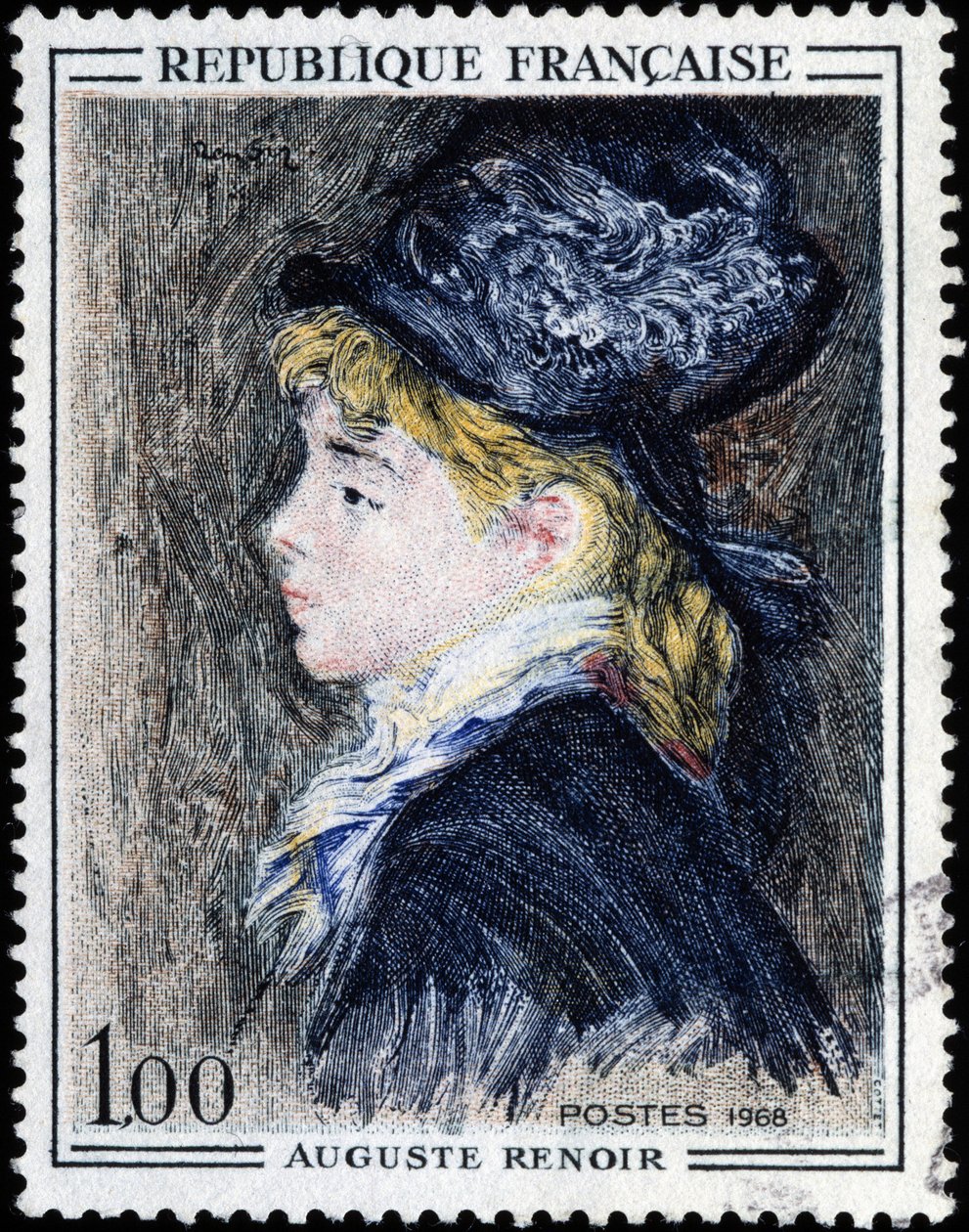 Französische Briefmarke mit Gemälde von Auguste Renoir von French School