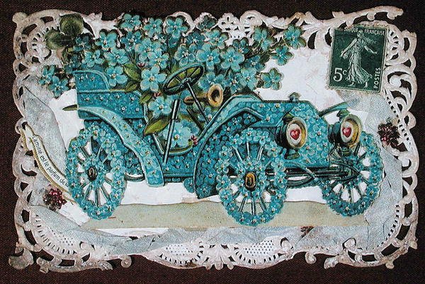 Freundschaftsgrußkarte mit einem mit Blumen bedeckten Auto, frühes 20. Jahrhundert von French School
