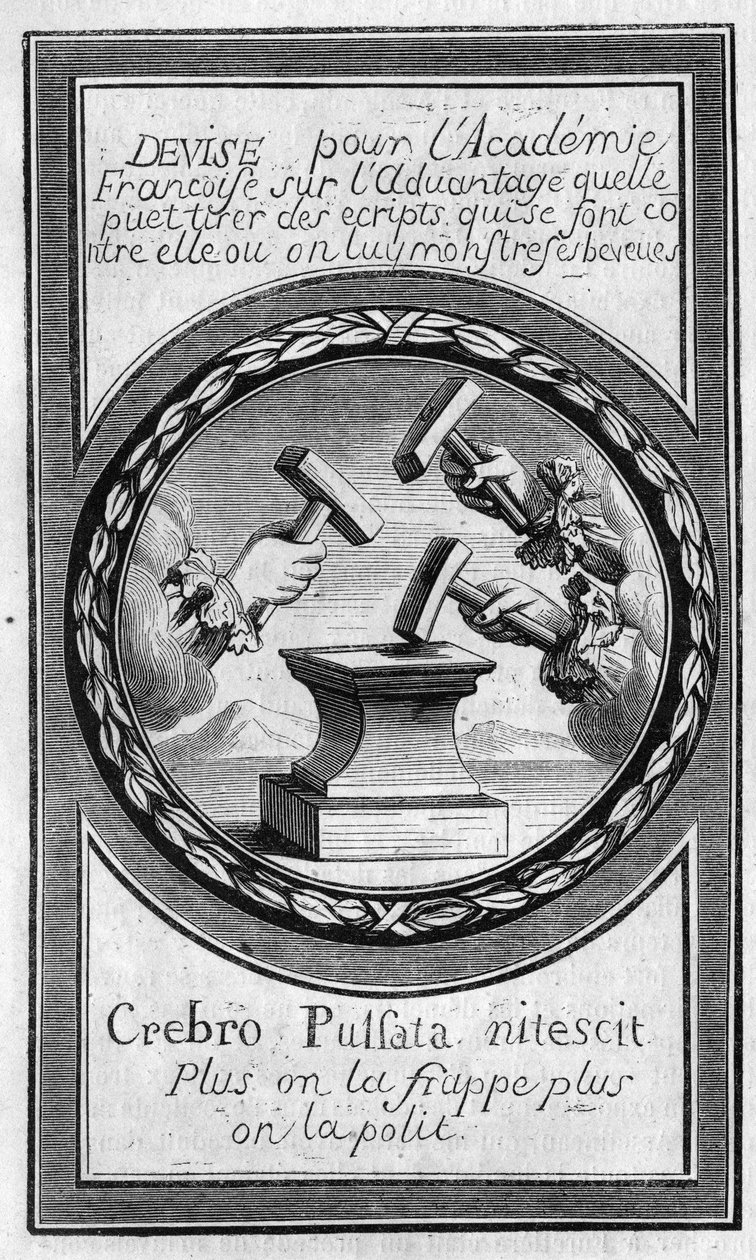 Frontispiz der „Factums“ gegen die Französische Akademie von Antoine Furetière (1619-1688). Gravur von 1860. von French School