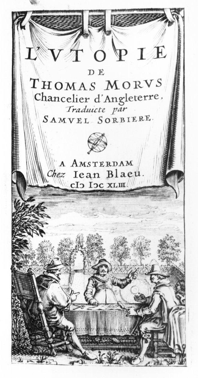 Frontispiz von Die Utopia von Thomas More (1478-1535), Kanzler von England, übersetzt von Samuel Sorbiere, veröffentlicht von Jan Blaeu (gest. 1673) in Amsterdam, 1643 von French School
