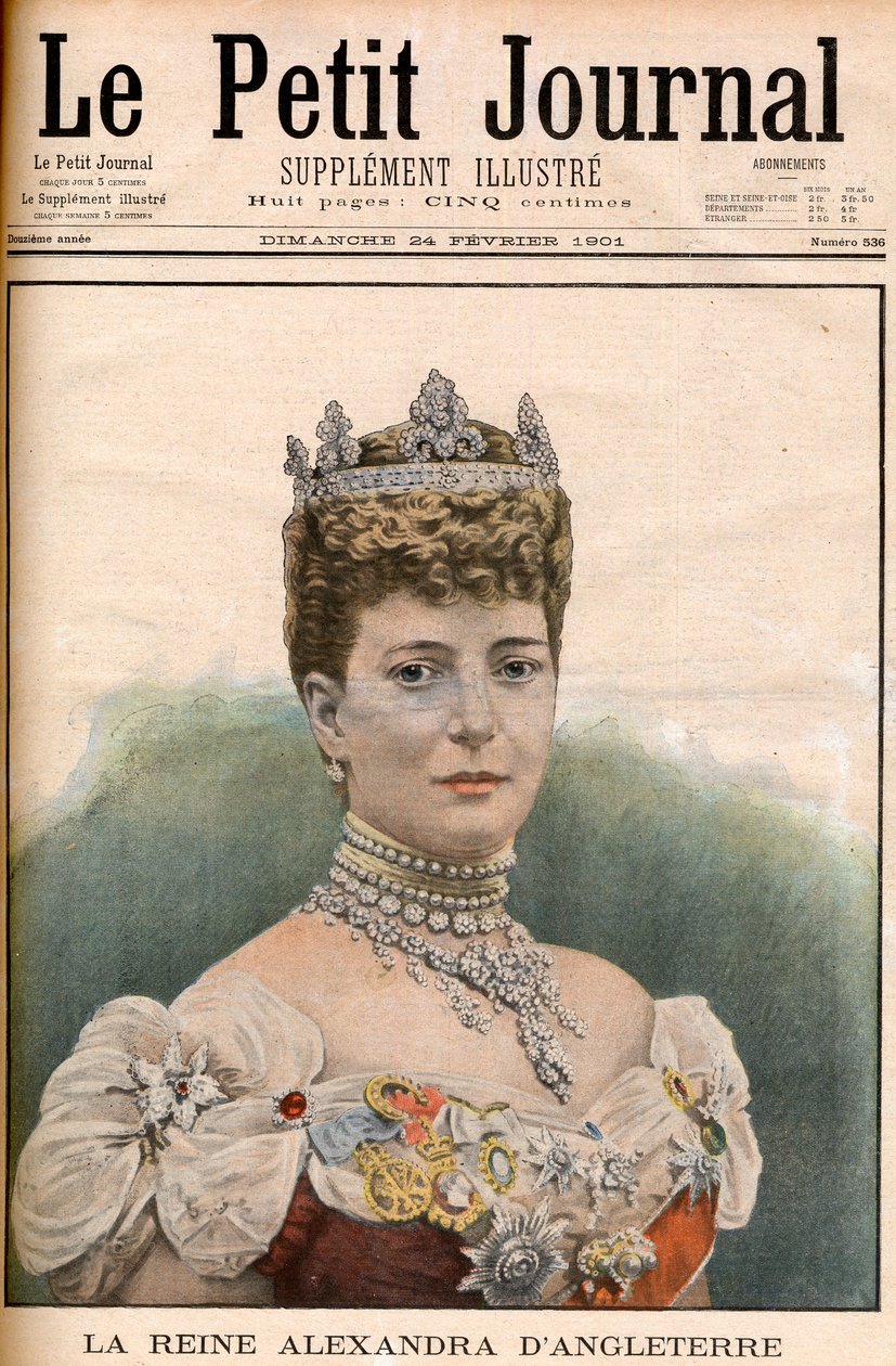 Titelseite der französischen Zeitung - Königin Alexandra von England (1844-1925), Ehefrau von König Edward VII - „Le Petit Journal“ vom 24. Februar von French School