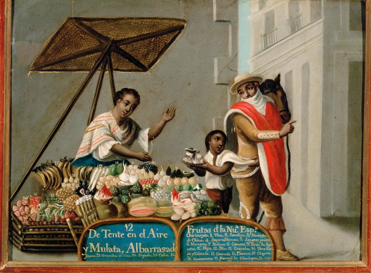 Obststand mit Aufzählung exotischer Früchte aus Mexiko von French School