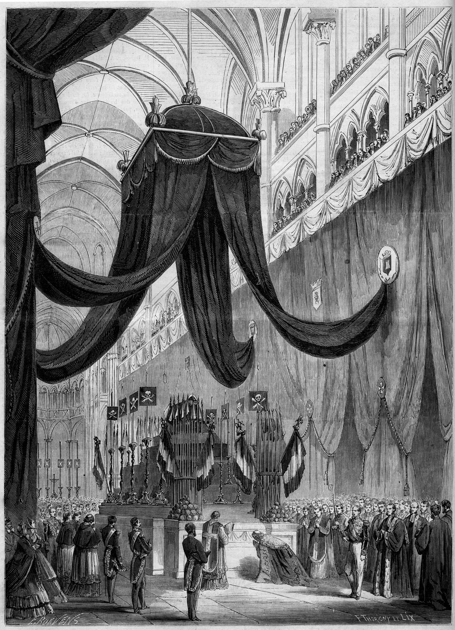 Begräbnis von Esprit Victor Elisabeth Boniface de Castellane (1788-1862), französischer Marschall: Katafalk des Verstorbenen während der religiösen Zeremonie in der Kathedrale von Lyon, Rhone (69) von French School