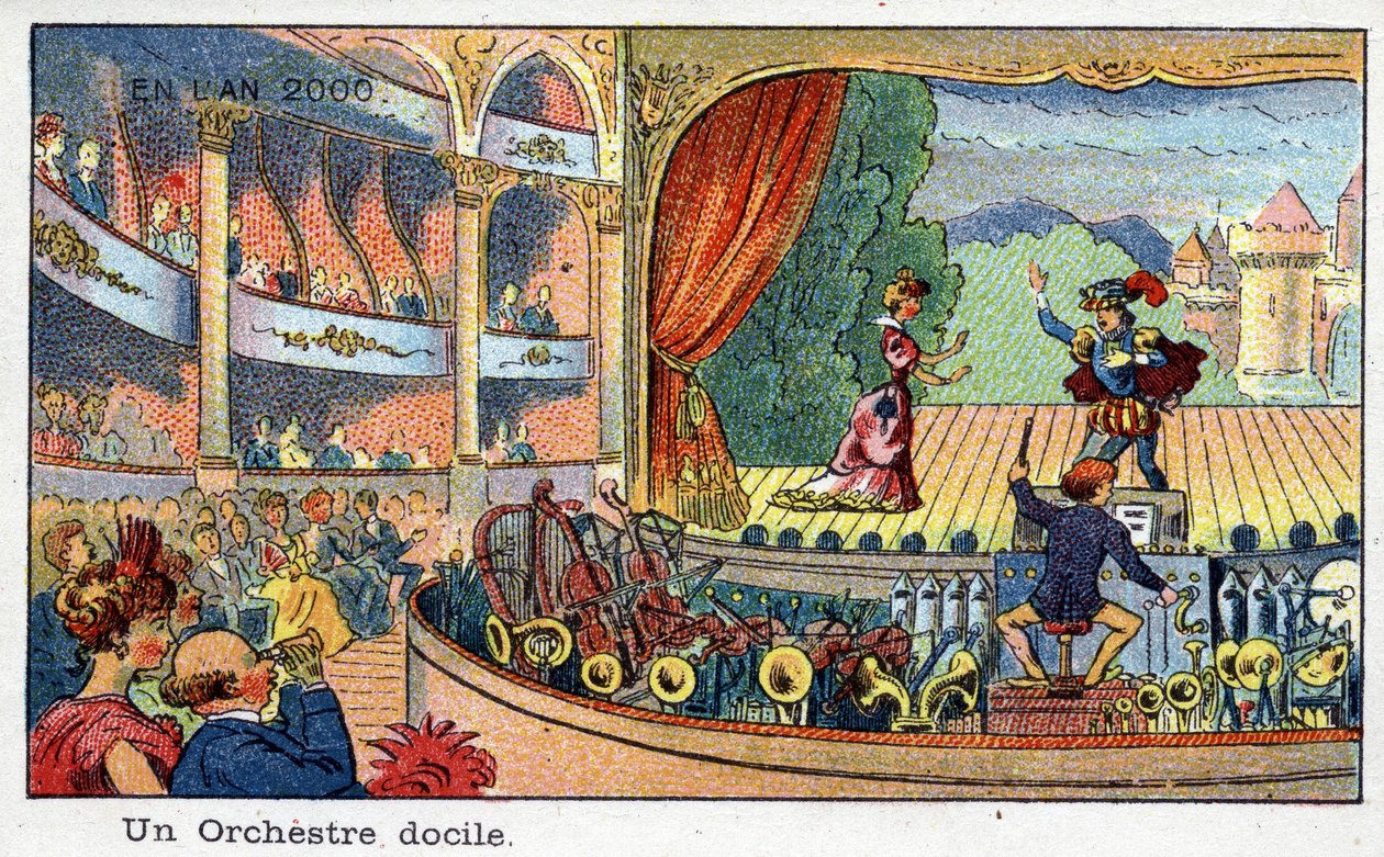 Futuredays: Eine Vision des 19. Jahrhunderts vom Jahr 2000 - Serie „Im Jahr 2000“: Ein fügsames Orchester (Maschinen spielen Musikinstrumente). Chromolithographie von Villemard von French School