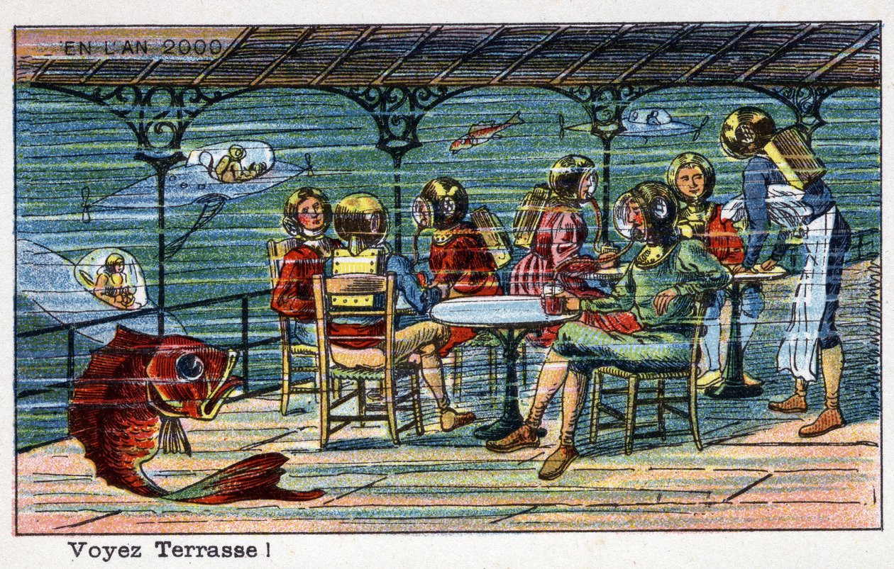 Futuredays: Eine Vision des 19. Jahrhunderts vom Jahr 2000 - Serie „Im Jahr 2000“: Seeterrasse (unter dem Meer). Chromolithographie von Villemard von French School