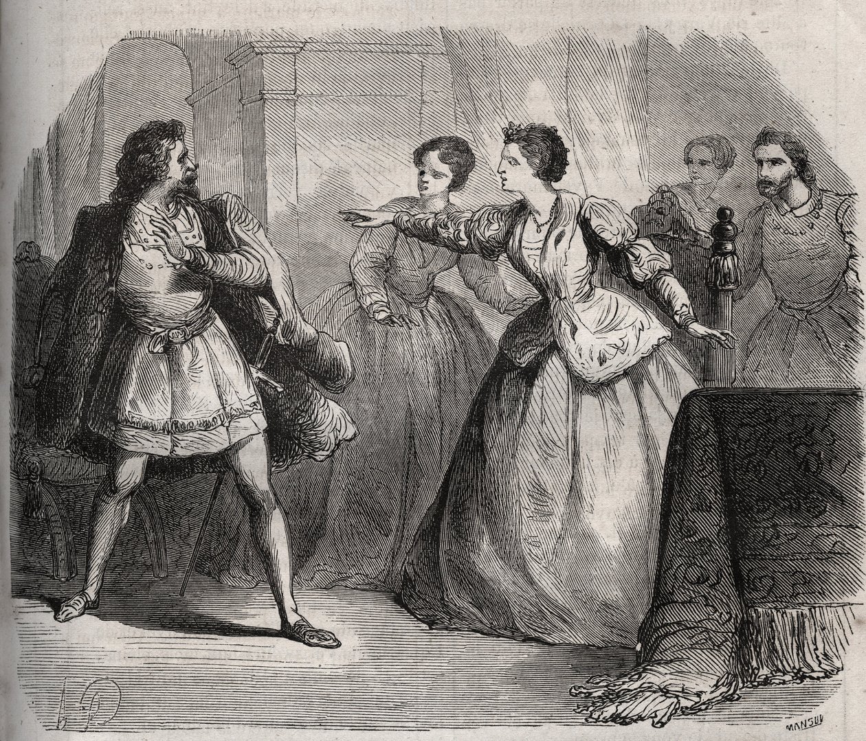 Gabrielle de Vergy streitet mit ihrem Verlobten, Eudes de Fayel, der eifersüchtig auf die Freundschaft ist, die sie mit ihrem Cousin Albert de Nozereau hat. Szene einer Legende aus dem 12. Jahrhundert. Gravur von 1871 in „Histoire Des Cocus Celebres“ von H von French School