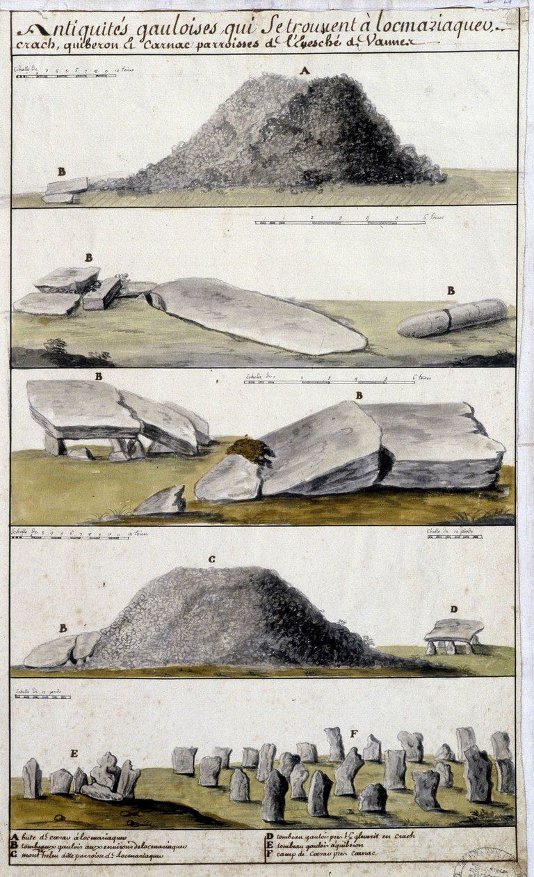 Gallische Antiquitäten in Locmaziaquev, Crach, Quiberon und Carnac, Pfarreien des Bistums Vannes - in „Historische, topographische und natürliche Beschreibung der Bretagne“ von Robien von French School