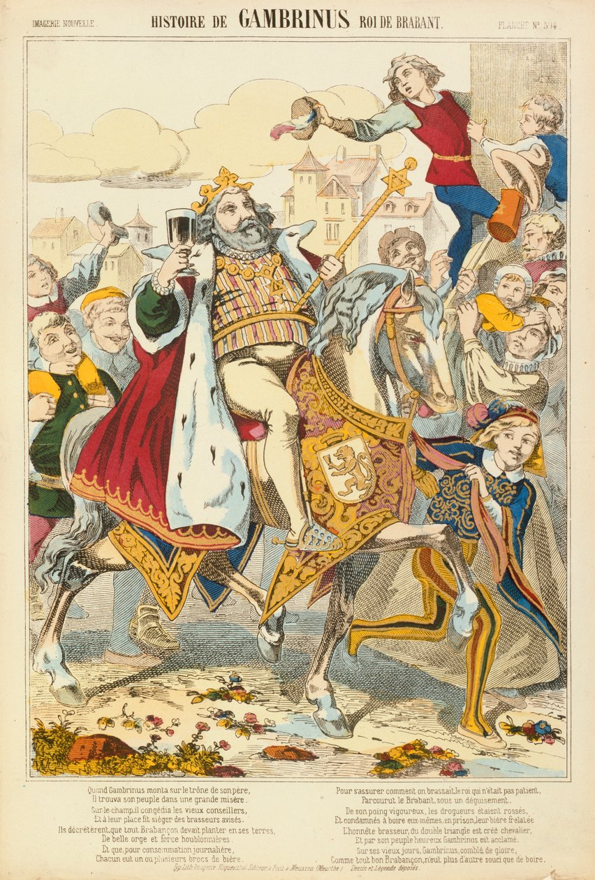 Gambriunus, legendärer König von Flandern, Flugblatt veröffentlicht von Verlag Haguenthal, Pont-a-Mousson, 1860 von French School