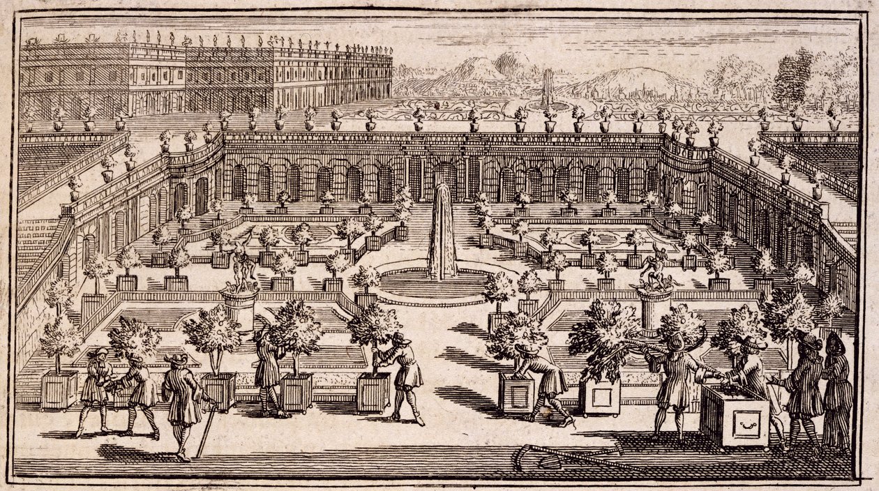 Gärtner arbeiten in einem Orangenhain, aus Le Parfait Jardinier, ou Instruction pour les Jardins Fruitiers et Potager, von Jean de la Quintinye, veröffentlicht 1695 von French School