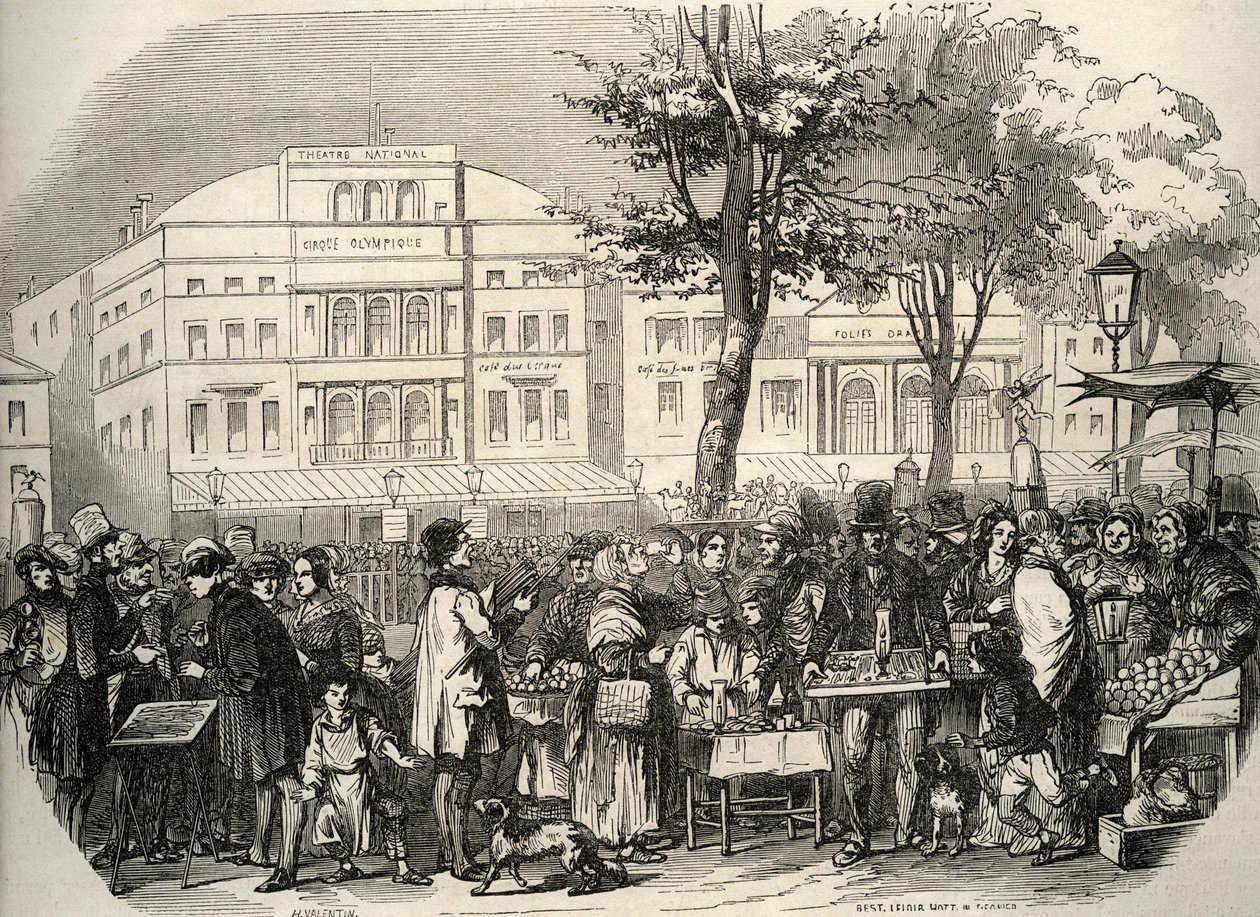 Gesamtansicht des Boulevard du Temple in Paris - Straßenhändler - Paris - Vue générale du boulevard du Temple - Straßenhändler - Gravur in „Tableau-de-Paris“ von Edmond Texier 1852 von French School