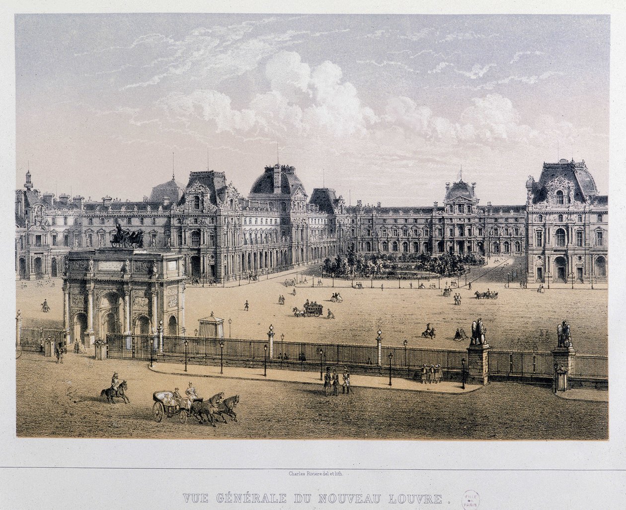 Gesamtansicht des neuen Louvre: Arc du Carrousel - Gravur des 19. Jahrhunderts von French School