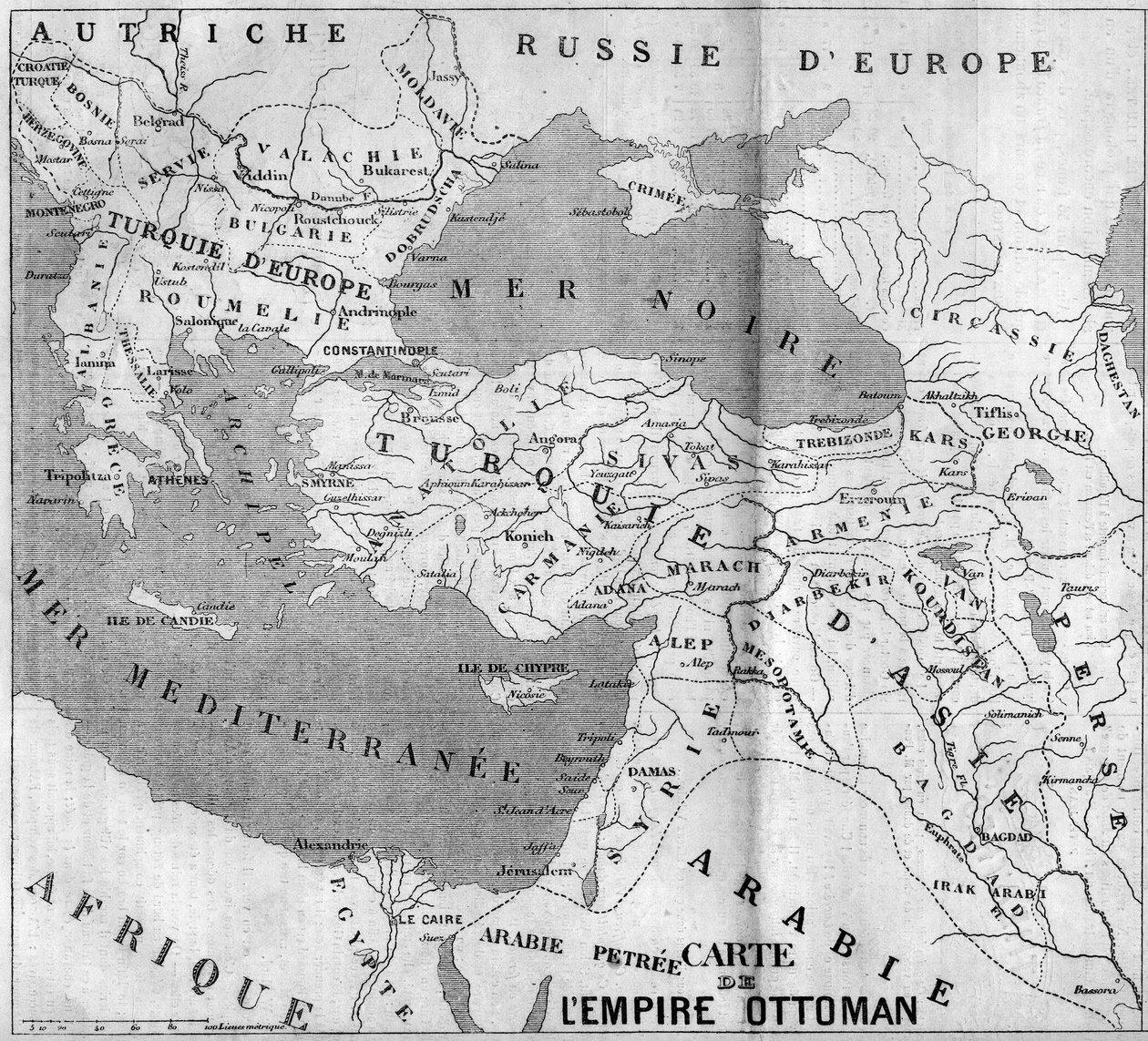 Geografische Karte des Osmanischen Reiches im Jahr 1860. Gravur in "Le Monde Illustré" Nr. 173 vom 4. August 1860. von French School
