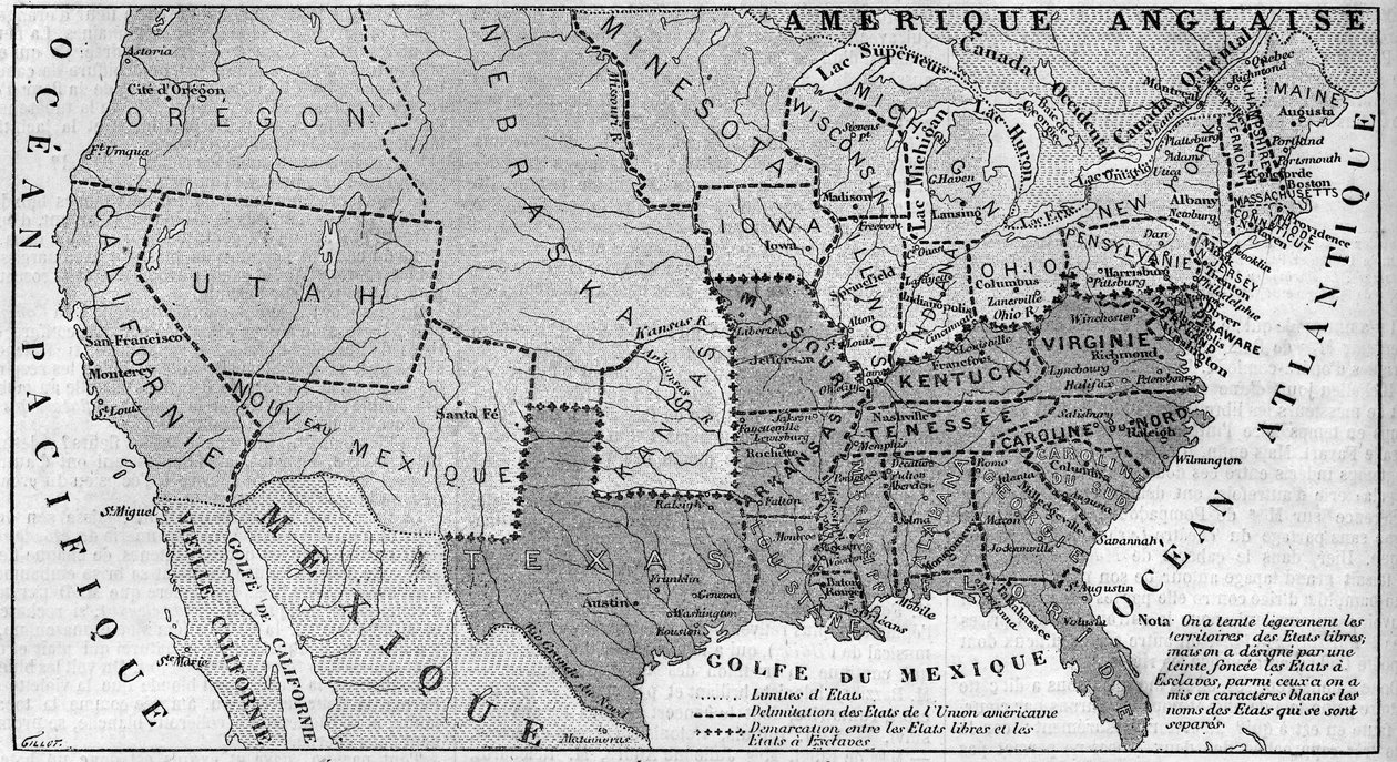 Geografische Karte der Vereinigten Staaten von Amerika im März 1861. Sklavenstaaten sind in Rot dargestellt. In Weiß die Namen der sieben konföderierten Staaten, die sich von der Union getrennt haben: Texas, South Carolina, Mississippi, Florida, Alabama, G von French School
