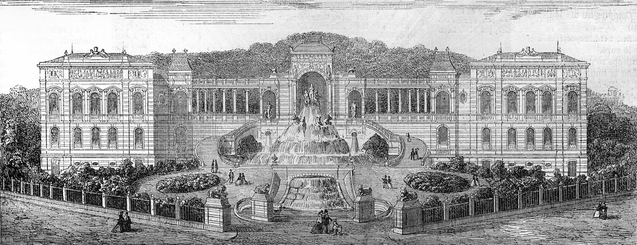 Geometrische Ansicht des Palais de Longchamp in Marseille, Bouches-du-Rhône (13), erbaut 1862 von Henri Jacques Espérandieu (1829-1874). Gravur in „Le Monde Illustré“ Nr. 681 vom 30. April. von French School