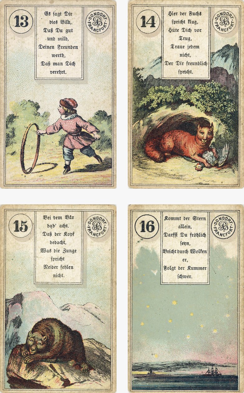 Deutsche Ausgabe des Lenormand französischen Kartendecks: Das Kind, Der Fuchs, Der Bär, Der Stern, veröffentlicht von Dondorf, Frankfurt, 19. Jahrhundert von French School