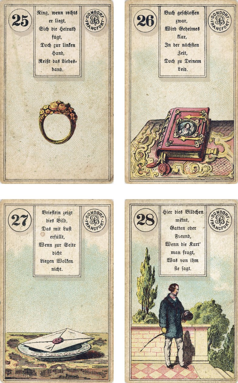 Deutsche Ausgabe des Lenormand französischen Kartendecks: Der Ring, Das Buch, Der Brief, Der Herr, veröffentlicht von Dondorf, Frankfurt, 19. Jahrhundert von French School