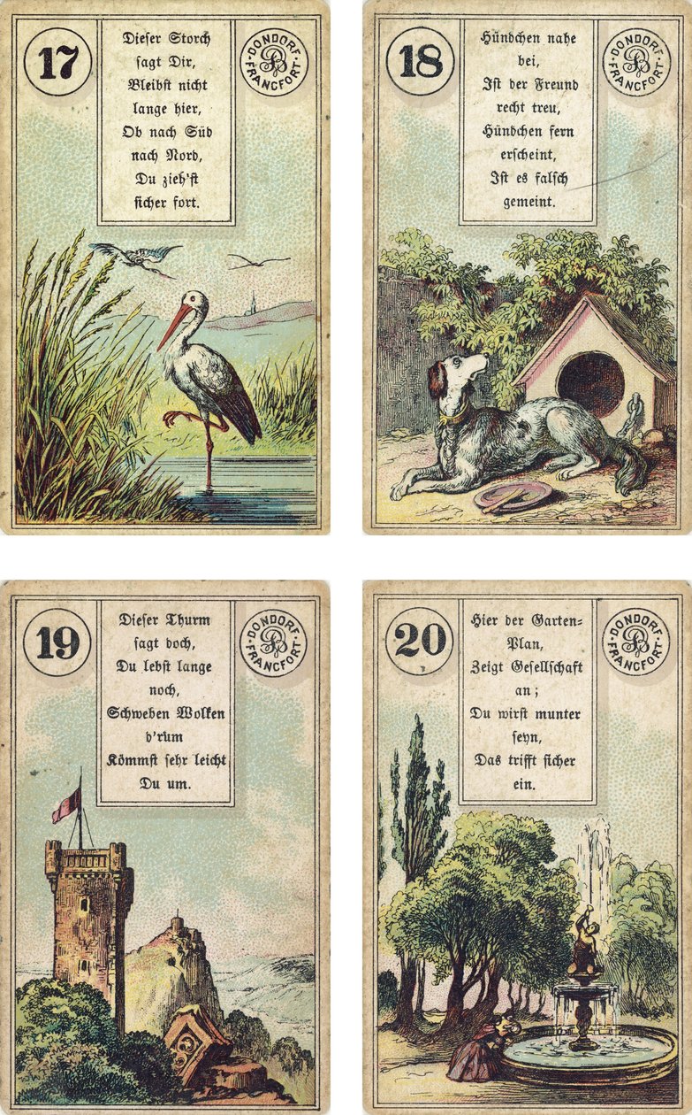 Deutsche Ausgabe des Lenormand französischen Kartendecks: Der Storch, Der Hund, Der Turm, Der Garten, veröffentlicht von Dondorf, Frankfurt, 19. Jahrhundert von French School