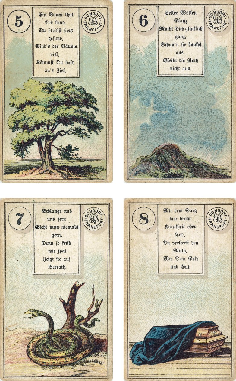 Deutsche Ausgabe des Lenormand französischen Kartendecks: Der Baum, Die Wolken, Die Schlange, Der Sarg, veröffentlicht von Dondorf, Frankfurt, 19. Jahrhundert von French School