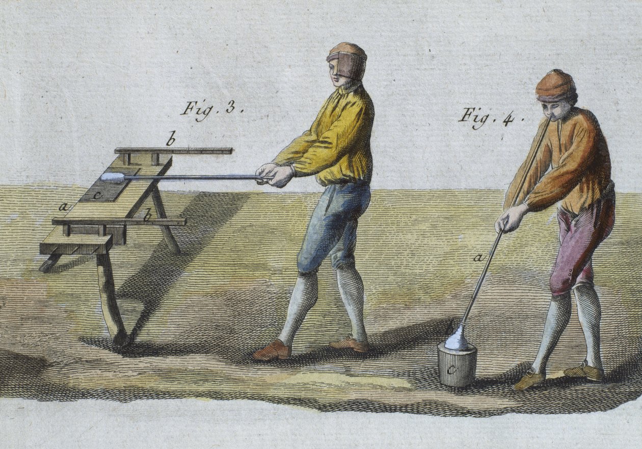 Glasblasen (Detail), Illustration aus der Encyclopedie des Sciences et Metiers von Denis Diderot, graviert von Robert Benard, veröffentlicht um 1770 (Farbstich) von French School