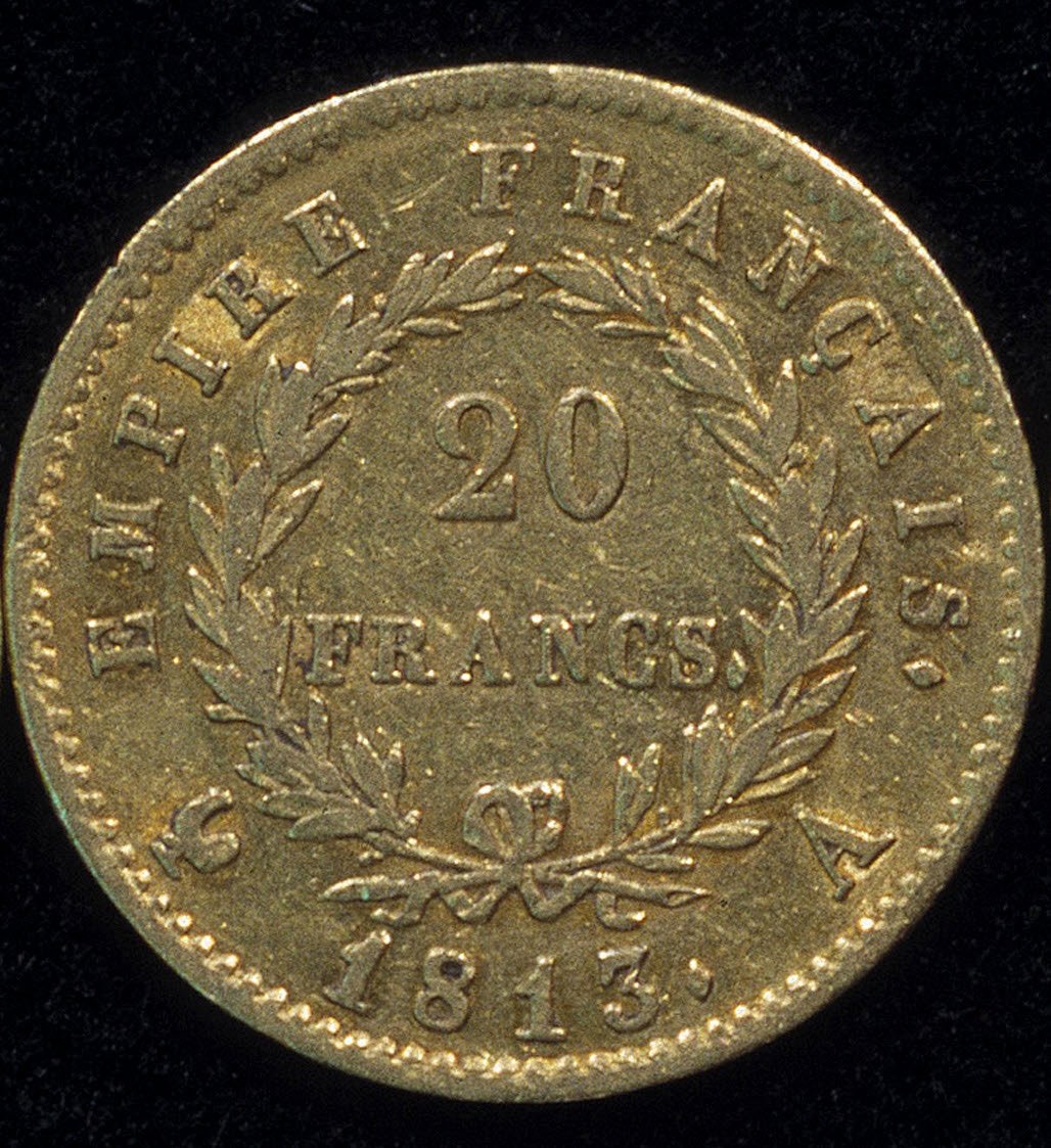 Goldmünze von 20 Francs (Napoleon) aus 1813. Rückseite. von French School