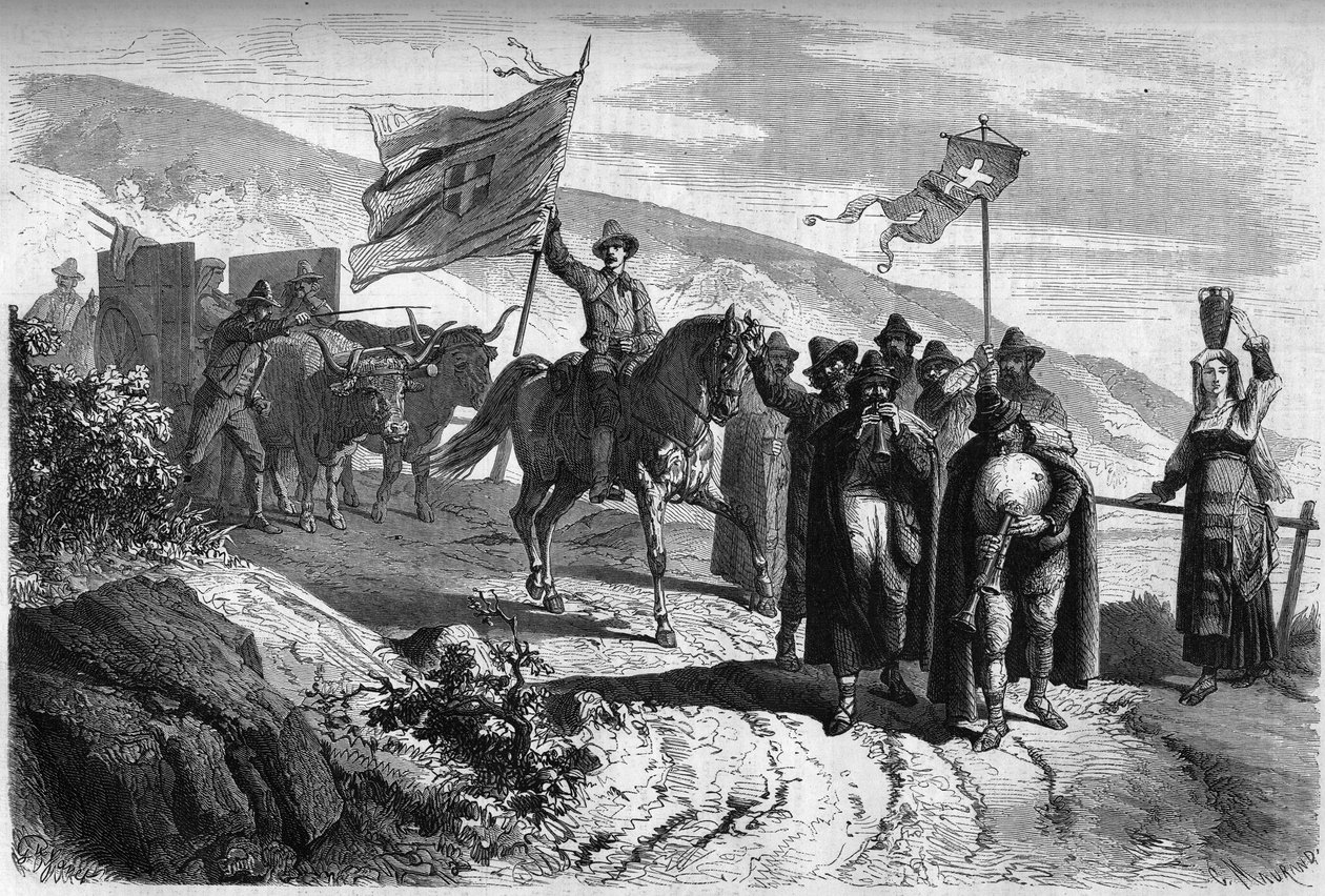 Gruppe von „Pifferari“ (Bettler und wandernde Musiker aus Italien), die die Provinz Abbruzzo nach Neapel zur Karwoche verlassen. Gravur in „Le Monde Illustré“ Nr. 364 vom 2. April von French School
