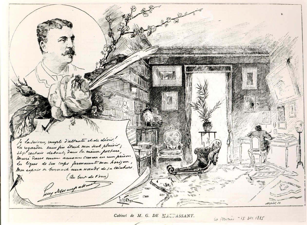 Guy de Maupassant und sein Arbeitszimmer von French School
