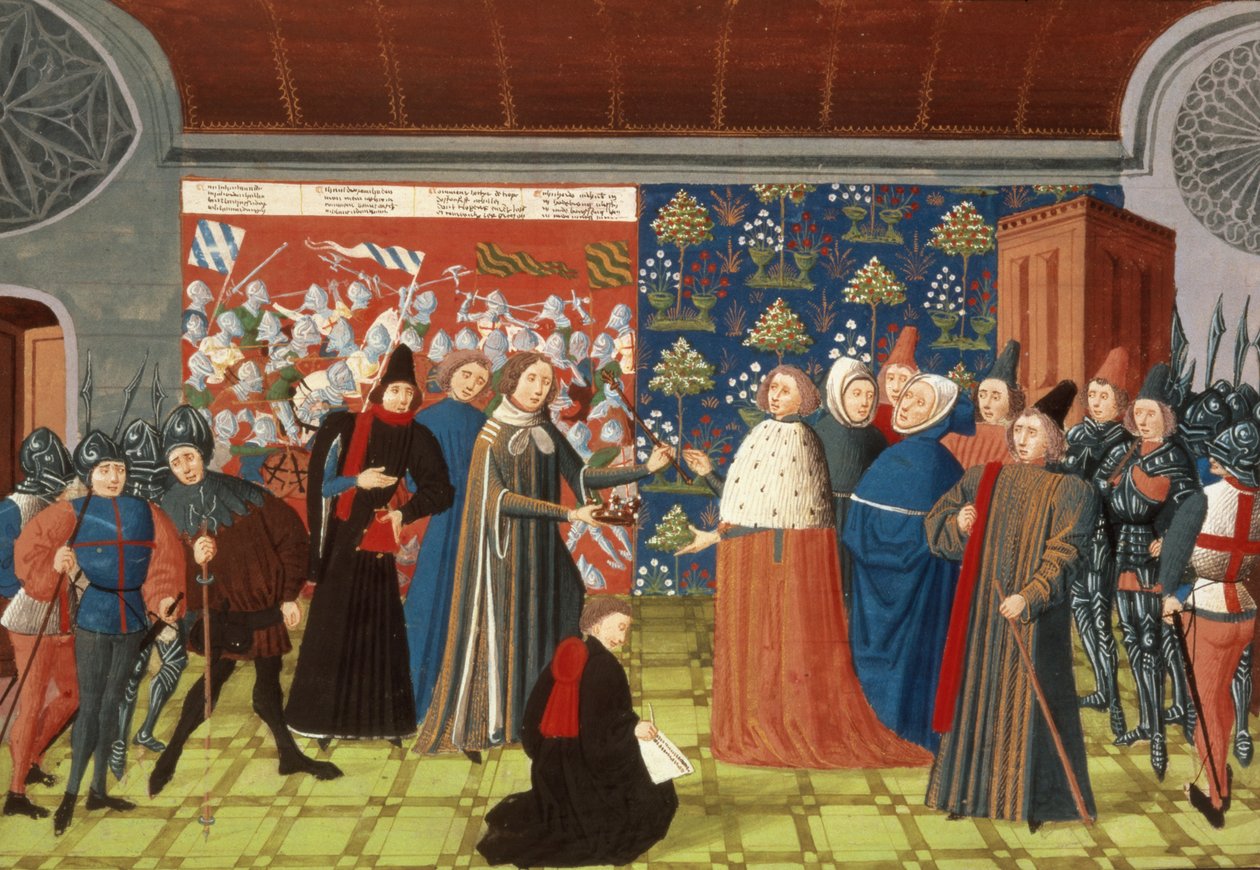 Harl.4380 f.184v Richard II. übergibt die Krone an den Earl of Derby, aus Froissarts Chronik, Band IV von French School